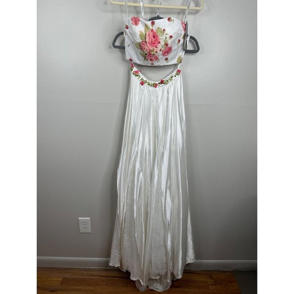 Sherri Hill 2 piece Ivory Floral Bodice Charmeuse Skirt Flower Appliques Size 0 - Picture 4 of 12